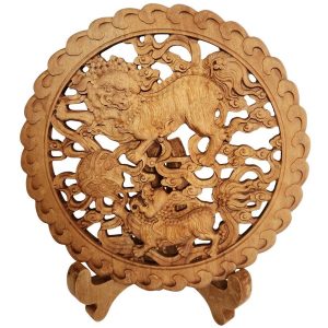 Panneau décoratif sculpté Fu Dogs Protecteurs bois brut