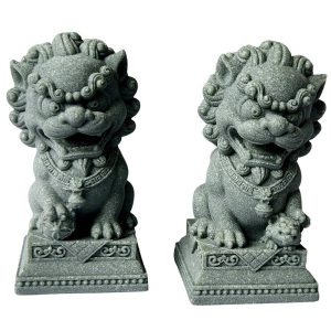 Fu Dogs Gardiens du Foyer en pierre – vue de face duo protecteur