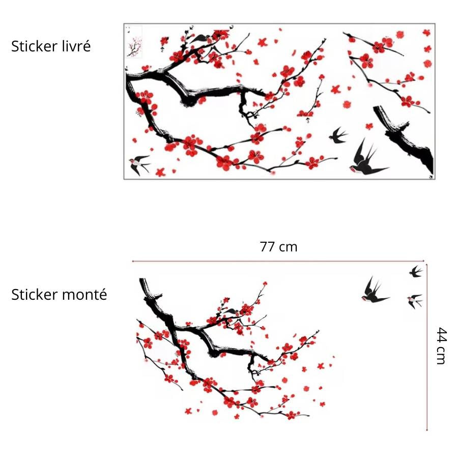 dimensions sticker cerisier oiseaux feng shui 77 cm 44 cm