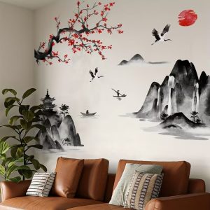 sticker cerisier feng shui paysage montagne decoration murale salon