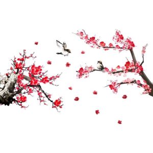 sticker cerisier oiseaux feng shui fleurs rouges branches oiseaux