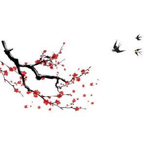 sticker cerisier oiseaux feng shui hirondelles branches fleurs rouges