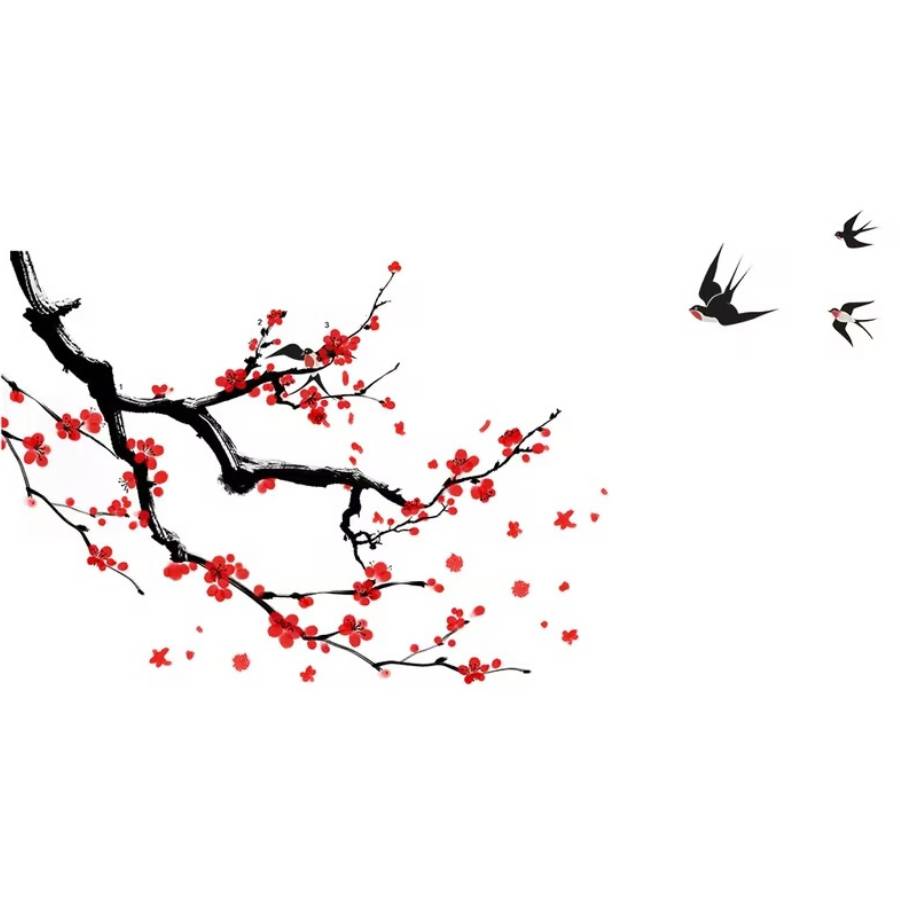 sticker cerisier oiseaux feng shui hirondelles branches fleurs rouges