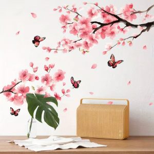 sticker cerisier papillons feng shui fleurs roses decoration murale