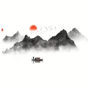 sticker montagne feng shui paysage zen bateau calme