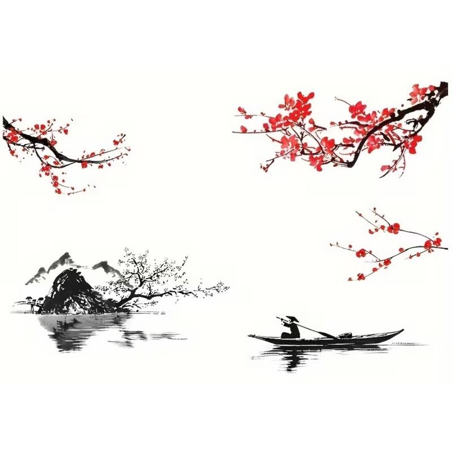 sticker nature zen feng shui cerisier montagne eau decoration murale