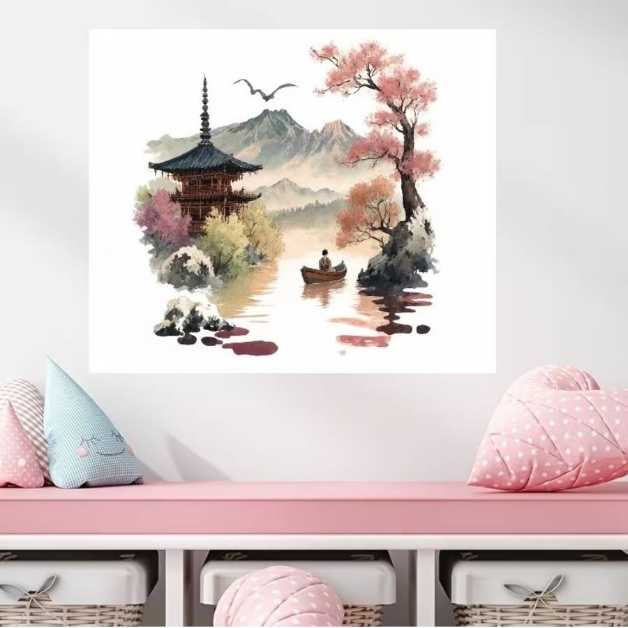 sticker feng shui pagode paysage zen interieur decoration murale