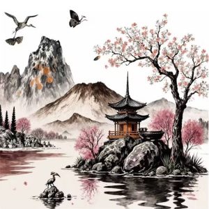 sticker pagode feng shui paysage montagne cerisier zen