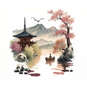 sticker pagode montagne feng shui eau cerisier decoration murale