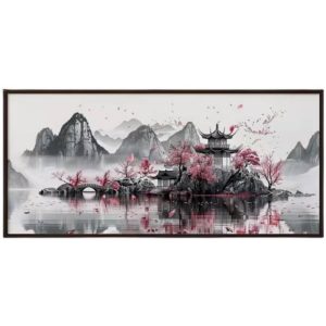 sticker paysage feng shui eau pagode montagne cerisier decoration murale