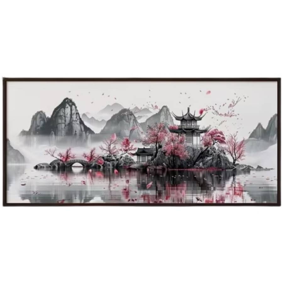 sticker paysage feng shui eau pagode montagne cerisier decoration murale