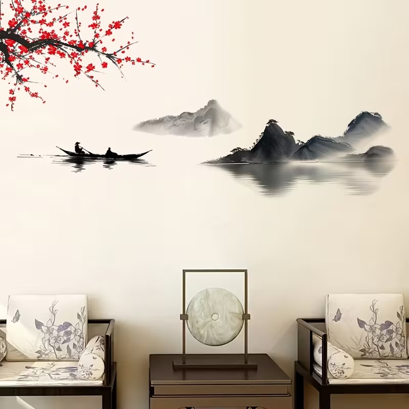 sticker poésie zen feng shui paysage montagne eau cerisier