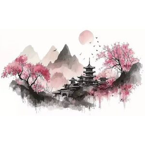 ticker temple feng shui paysage montagne cerisier decoration murale