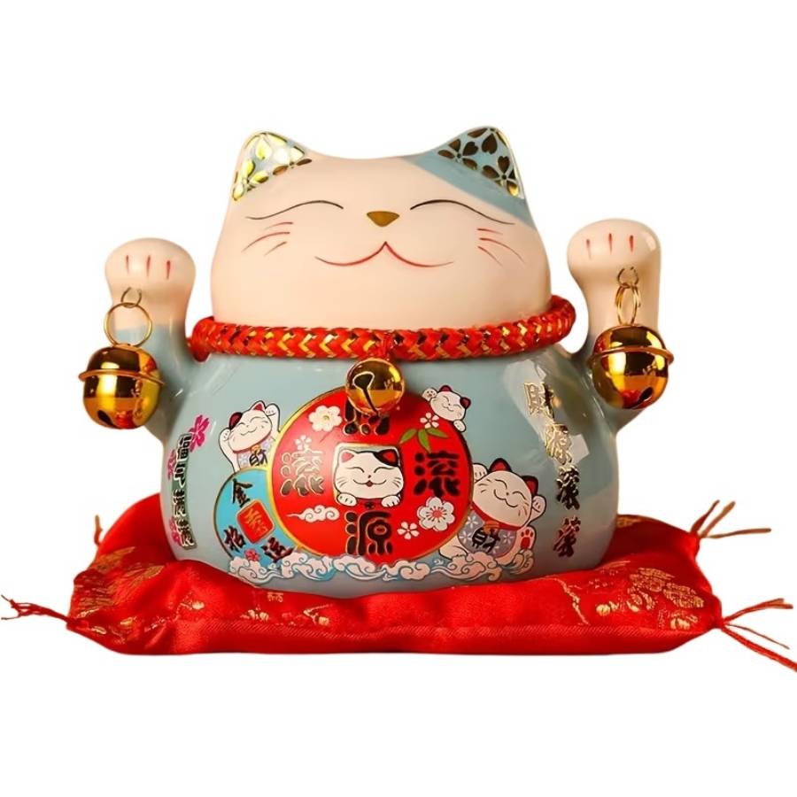 maneki neko bleu tirelire feng shui chat porte bonheur serenite richesse