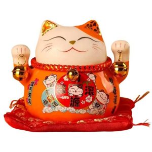 Maneki neko orange tirelire feng shui chat porte bonheur richesse