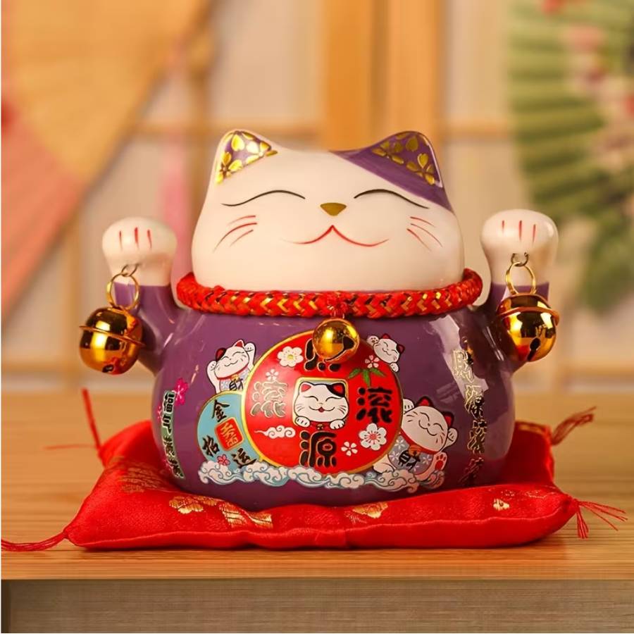 statue maneki neko violet feng shui decoration maison porte bonheur