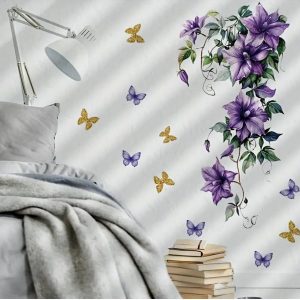 Sticker fleurs violettes feng shui papillons décoration murale apaisante