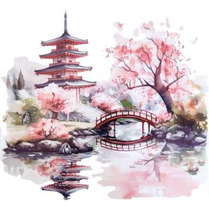 sticker jardin japonais zen feng shui pagode cerisier