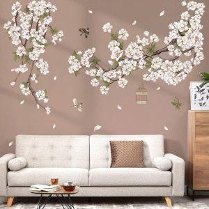 Sticker magnolia blanc oiseaux Feng Shui mur salon décoration florale