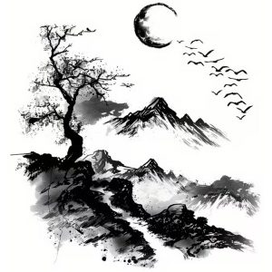 sticker montagne zen paysage yin noir blanc arbre lune