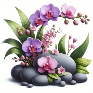 Sticker orchidée zen Feng Shui fleurs violettes et pierres décoratives