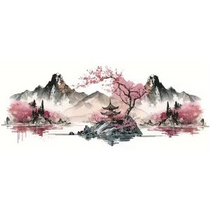sticker pagode feng shui paysage eau montagne cerisier