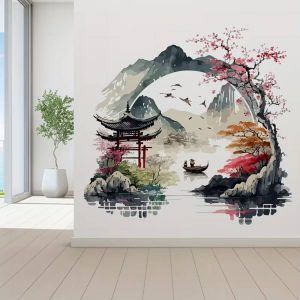sticker pagode paysage zen feng shui montagne eau cerisier