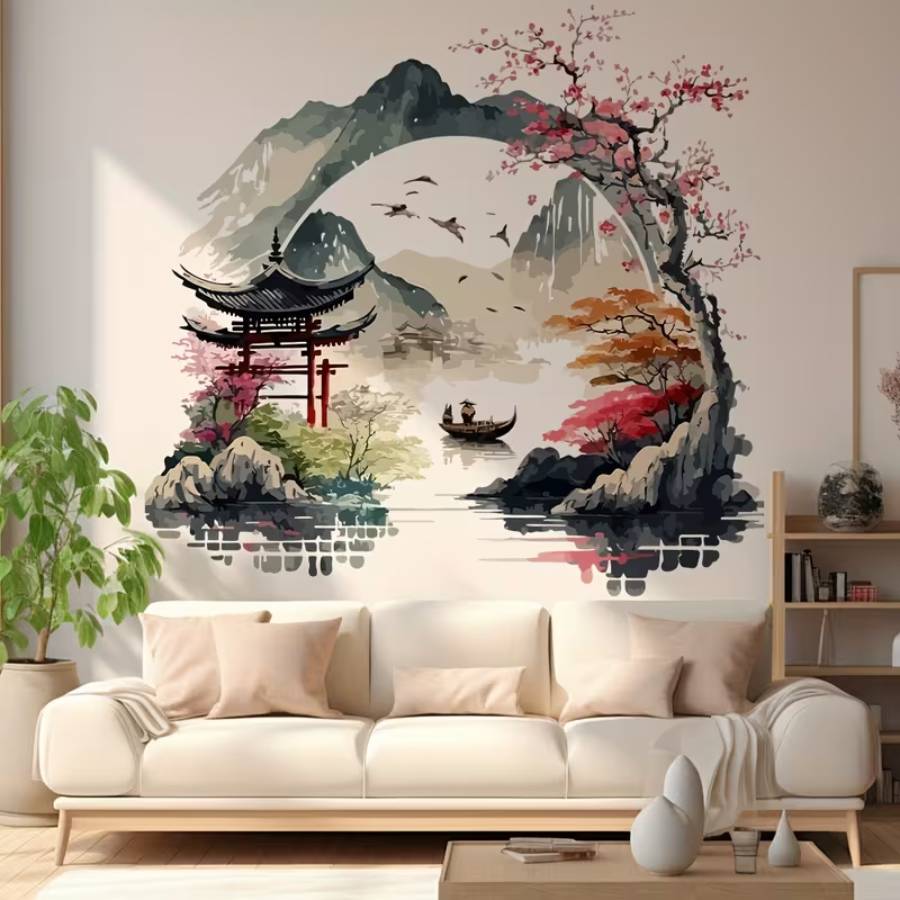 sticker pagode paysage zen decoration murale salon feng shui