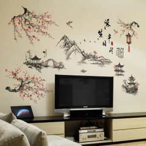 sticker paysage feng shui montagne pagode fleurs cerisier calligraphie