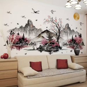 Sticker paysage feng shui zen pagode montagne décoration murale salon