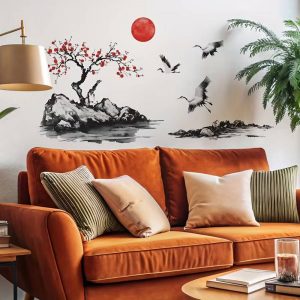 sticker paysage zen grues feng shui mural