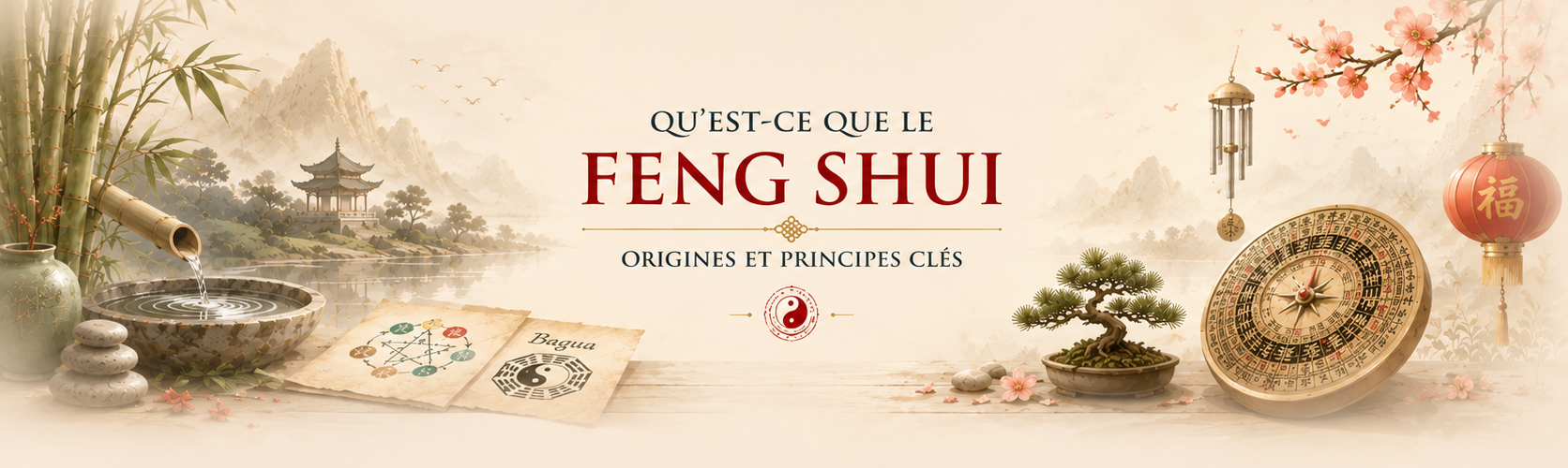 Illustration représentant les origines et les principes du Feng Shui avec une boussole Luo Pan, des parchemins, une fontaine et un paysage asiatique traditionnel.