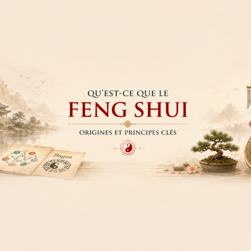 Illustration représentant les origines et les principes du Feng Shui avec une boussole Luo Pan, des parchemins, une fontaine et un paysage asiatique traditionnel.