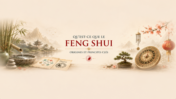 Illustration représentant les origines et les principes du Feng Shui avec une boussole Luo Pan, des parchemins, une fontaine et un paysage asiatique traditionnel.