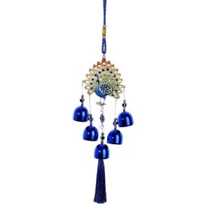 Carillon Paon Céleste Coloré Feng Shui avec clochettes bleues