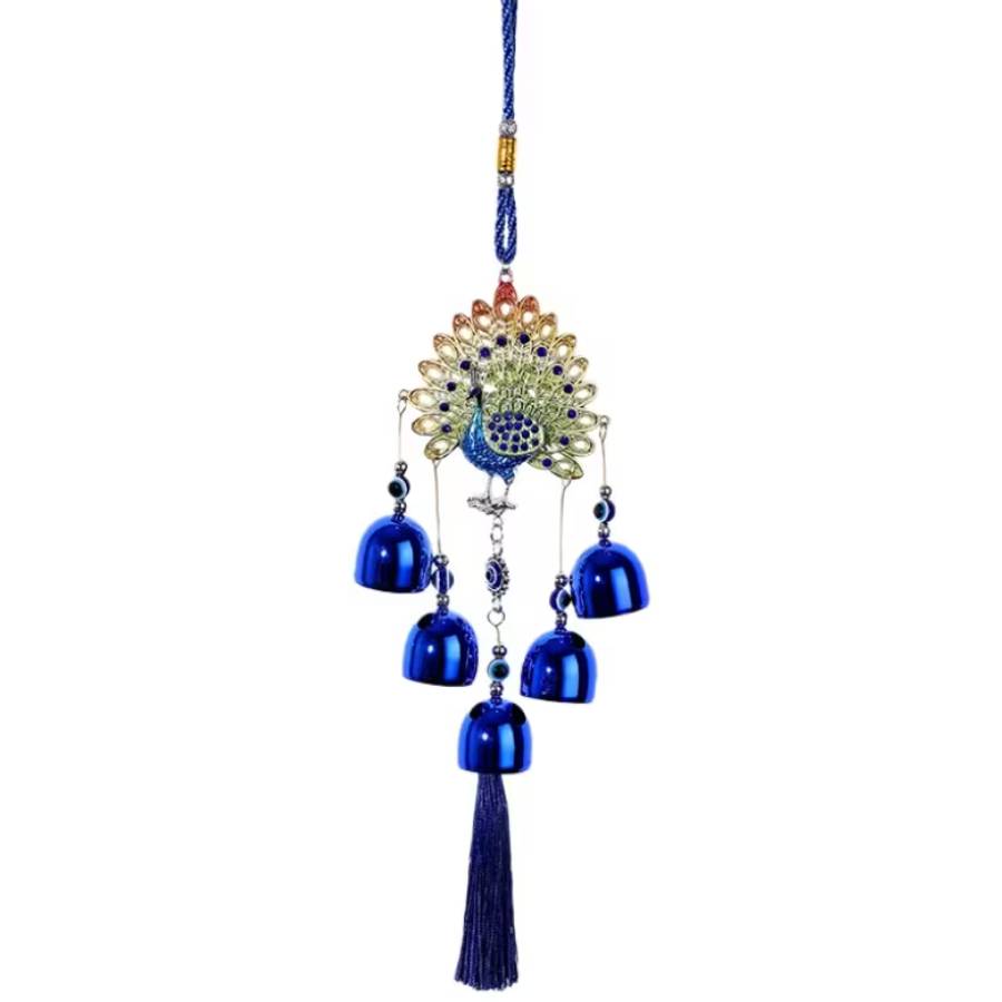 Carillon Paon Céleste Coloré Feng Shui avec clochettes bleues