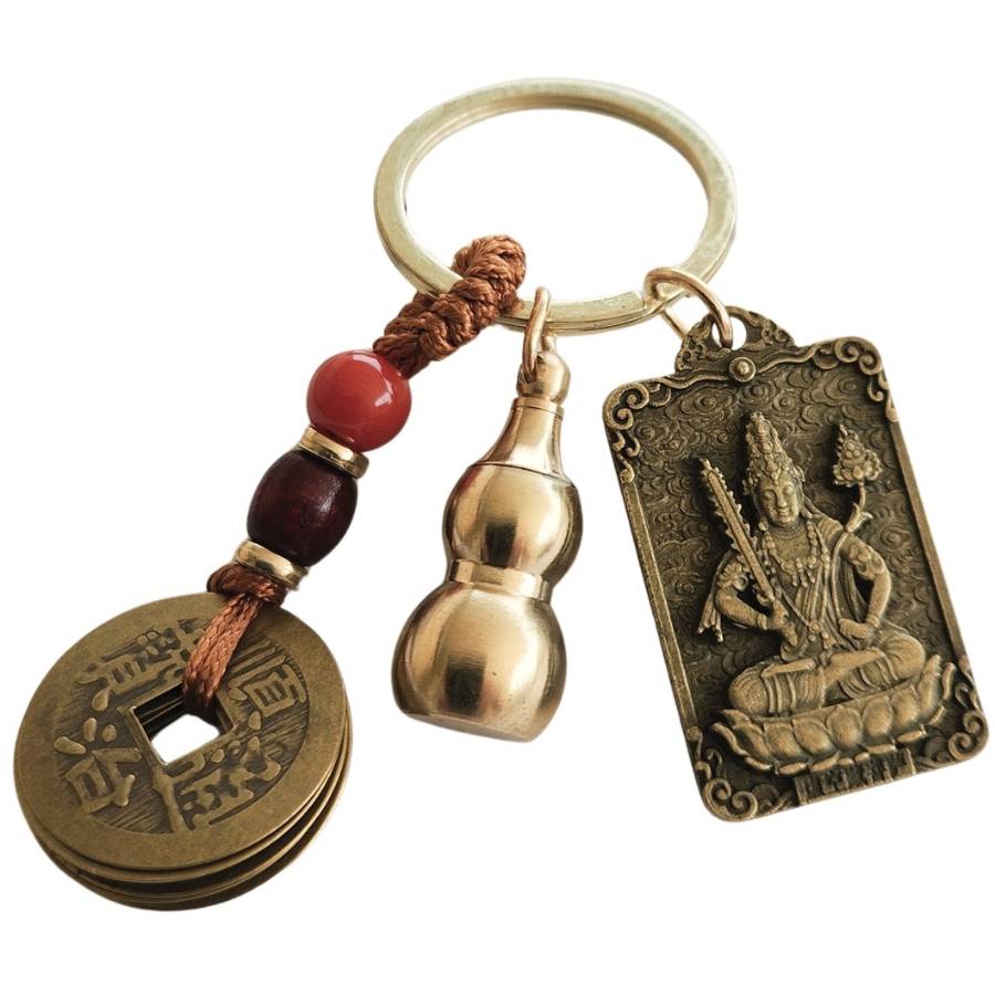 Porte-clés amulette zodiaque chinois Bœuf avec Manjushri et Wu Lou Feng Shui
