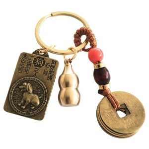 Porte-clés amulette zodiaque chinois Chien avec Wu Lou et pièces chinoises Feng Shui