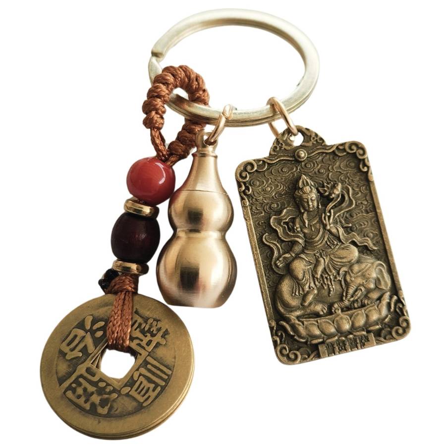 Porte-clés amulette zodiaque chinois Serpent avec Guan Yin sur éléphant et Wu Lou Feng Shui
