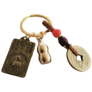 Porte-clés Feng Shui zodiaque chinois Cheval avec pièces chinoises et Wu Lou