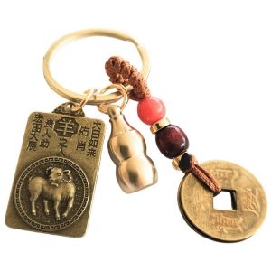 Porte-clés Feng Shui zodiaque chinois Chèvre avec pièces chinoises et Wu Lou