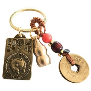 Porte-clés Feng Shui zodiaque chinois Cochon avec pièces chinoises et Wu Lou