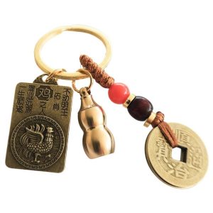 Porte-clés Feng Shui zodiaque chinois Coq avec pièces chinoises et Wu Lou