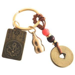 Porte-clés amulette zodiaque chinois Dragon avec Guan Yin et Wu Lou Feng Shui