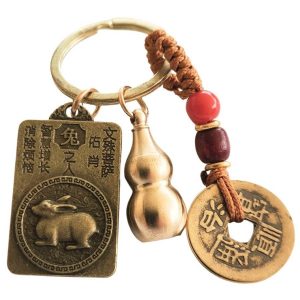Porte-clés Feng Shui zodiaque chinois Lapin avec pièces chinoises et Wu Lou
