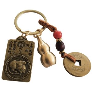 Porte-clés Feng Shui zodiaque chinois Rat avec pièces chinoises et Wu Lou