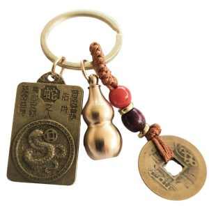 Porte-clés Feng Shui zodiaque chinois Serpent avec pièces chinoises et Wu Lou