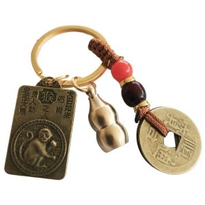 Porte-clés Feng Shui zodiaque chinois Singe avec pièces chinoises et Wu Lou
