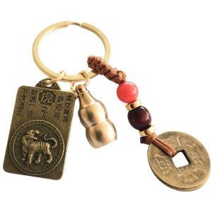 Porte-clés Feng Shui zodiaque chinois Tigre avec pièces chinoises et Wu Lou