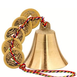 Suspension Carillon Cloche des Cinq Pièces Feng Shui avec pièces chinoises anciennes